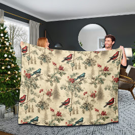 ヴィンテージクリスマスブルージェイ赤モッキンバード フリースブランケット