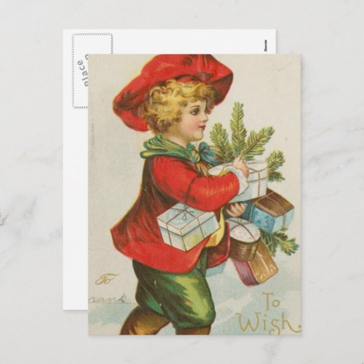 ヴィンテージクリスマスプレゼントのお子様 シーズンポストカード (正面/裏面)