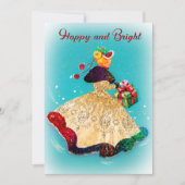 ヴィンテージクリスマスプレゼントボックス ゴールドグリッターガール 招待状 (正面)