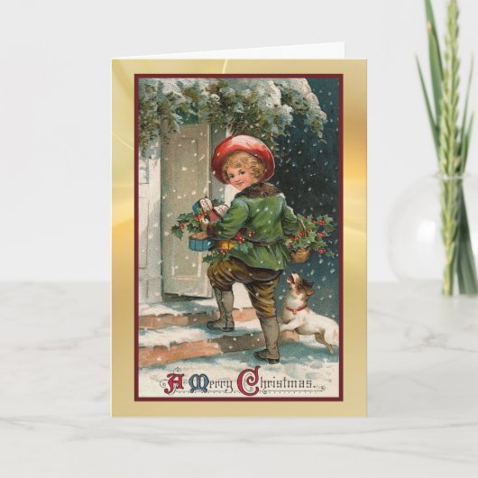 ヴィンテージクリスマスプレゼント配達少年グリーティングカード シーズンカード (正面)