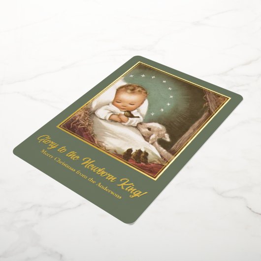 ヴィンテージクリスマスベビーイエスと子羊 箔シーズンカード (回転した状態)