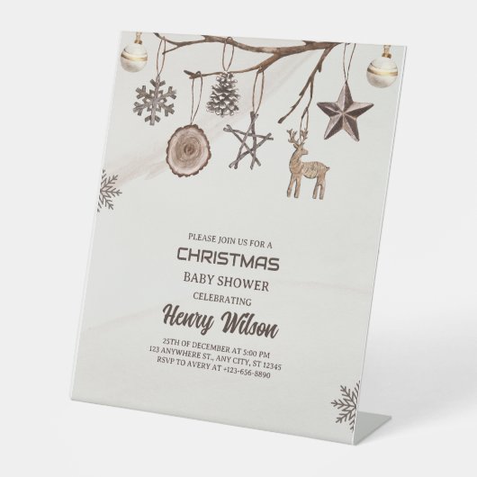 ヴィンテージクリスマスベビーシャワー招待状ブラウン 台座サイン (正面)