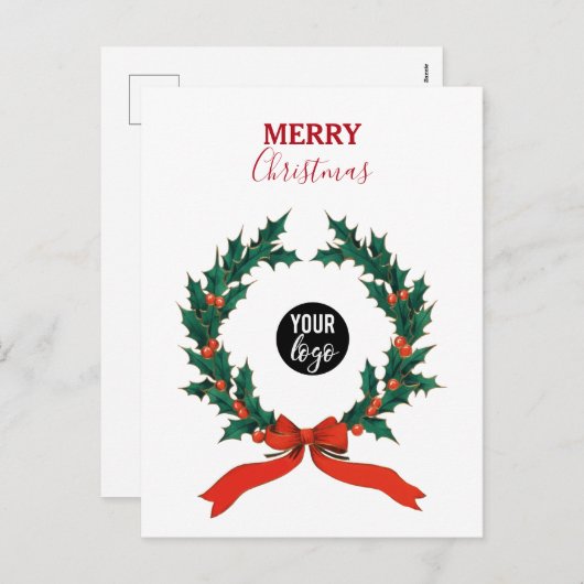 ヴィンテージクリスマスベリーリースビジネスロゴ シーズンポストカード (正面/裏面)