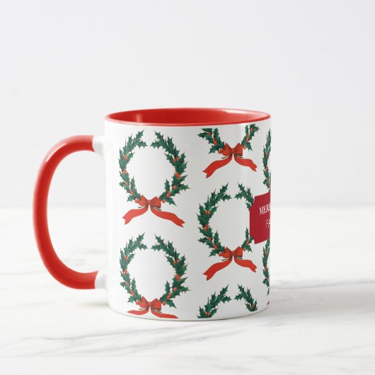 ヴィンテージクリスマスベリーリースホリデイ名前をカスタムする マグカップ (左)