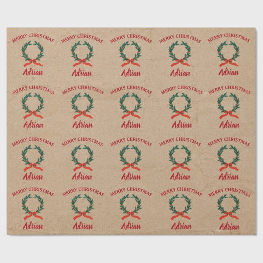 ヴィンテージクリスマスベリーリース名前をカスタムするクラフト ラッピングペーパー (フラット)