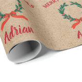 ヴィンテージクリスマスベリーリース名前をカスタムするクラフト ラッピングペーパー (ロールコーナー)