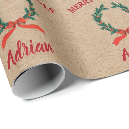 ヴィンテージクリスマスベリーリース名前をカスタムするクラフト ラッピングペーパー (ロールコーナー)