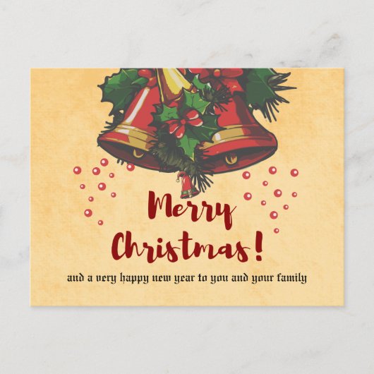 ヴィンテージクリスマスベルとホリー挨拶 シーズンポストカード (正面)