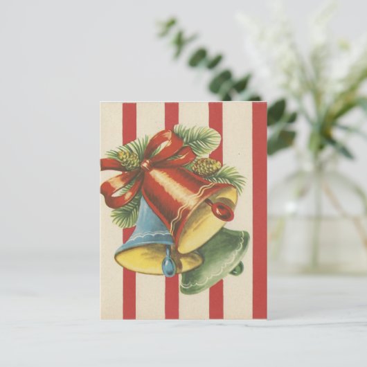 ヴィンテージクリスマスベルズオン赤と白ストライプ シーズンポストカード (スタンド正面)