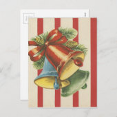 ヴィンテージクリスマスベルズオン赤と白ストライプ シーズンポストカード (正面/裏面)