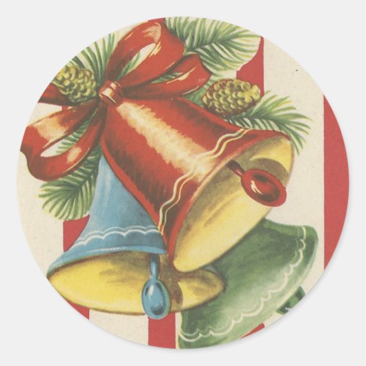 ヴィンテージクリスマスベルズオン赤と白ストライプ ラウンドシール (正面)