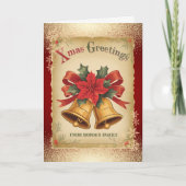 ヴィンテージクリスマスベルズスノーフレークレッドホリデイ シーズンカード (正面)