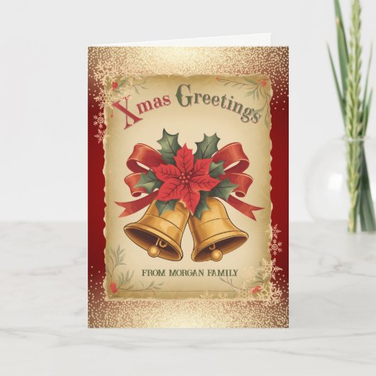 ヴィンテージクリスマスベルズスノーフレークレッドホリデイ シーズンカード (正面)