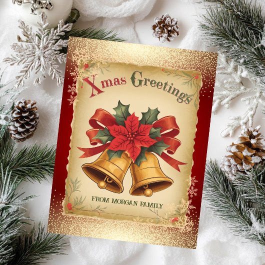 ヴィンテージクリスマスベルズスノーフレークレッドホリデイ シーズンカード
