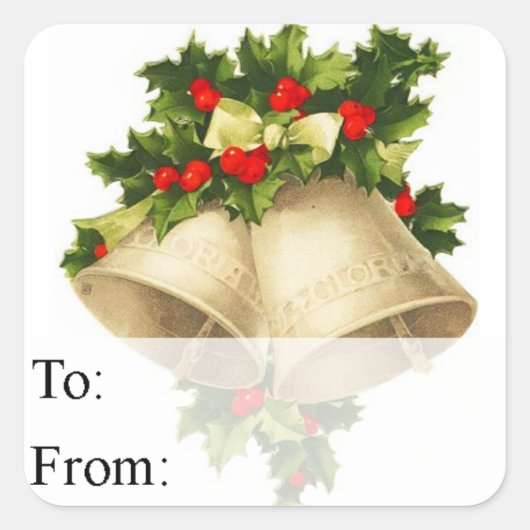 ヴィンテージクリスマスベルズ&ホリーギフトラベル スクエアシール (正面)