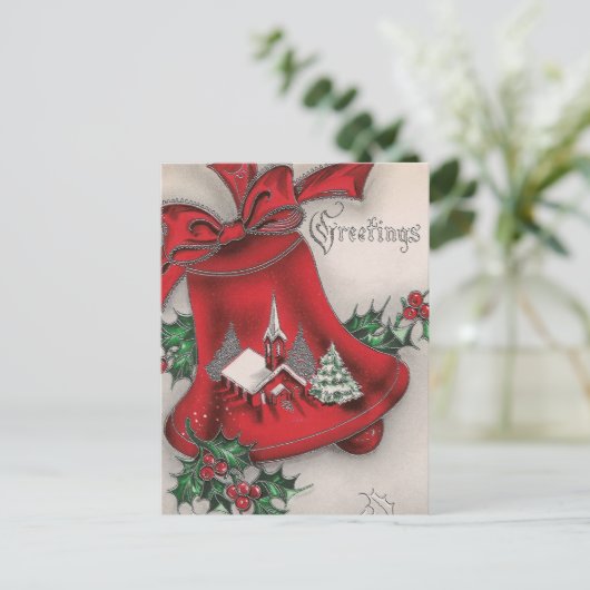 ヴィンテージクリスマスベルホリー教会はがき シーズンポストカード (スタンド正面)