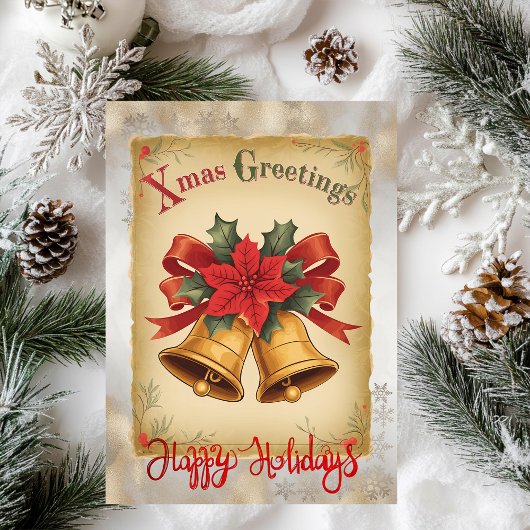 ヴィンテージクリスマスベル ポインセチア スノーフレーク シーズンカード