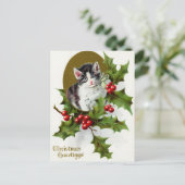 ヴィンテージクリスマスホリデーキャットホリー葉書 シーズンポストカード (スタンド正面)