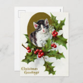 ヴィンテージクリスマスホリデーキャットホリー葉書 シーズンポストカード (正面/裏面)
