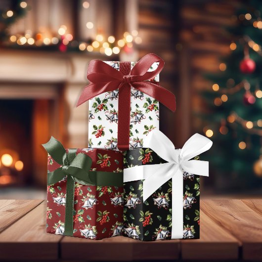 ヴィンテージクリスマスホリデーシルバーベルズアンドホリー ラッピングペーパーシート