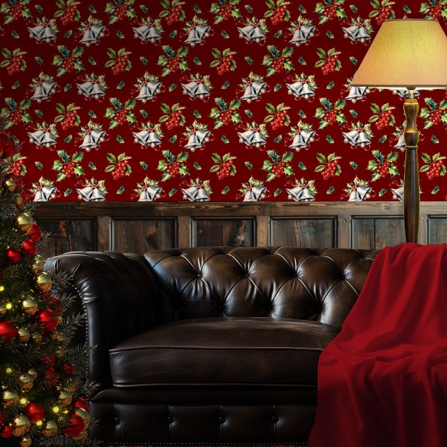 ヴィンテージクリスマスホリデーシルバーベルズアンドホリー 壁紙 (Vintage Christmas Holiday Silver Bells, Holly and Berries Dark Red Wallpaper)