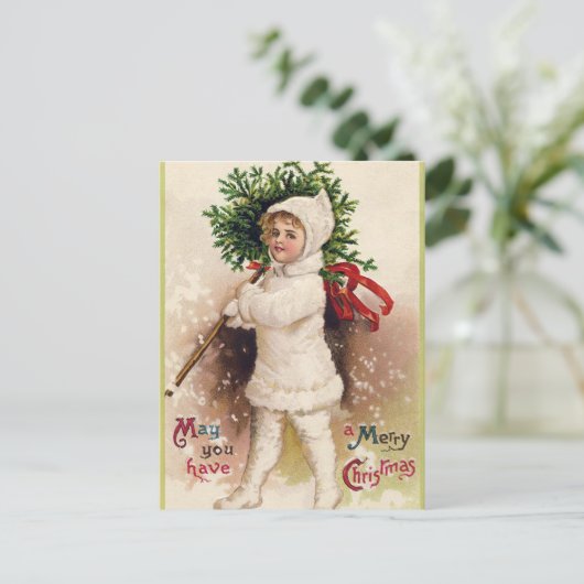 ヴィンテージクリスマスホリデーチャイルドと木のはがき シーズンポストカード (スタンド正面)