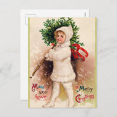 ヴィンテージクリスマスホリデーチャイルドと木のはがき シーズンポストカード (正面/裏面)
