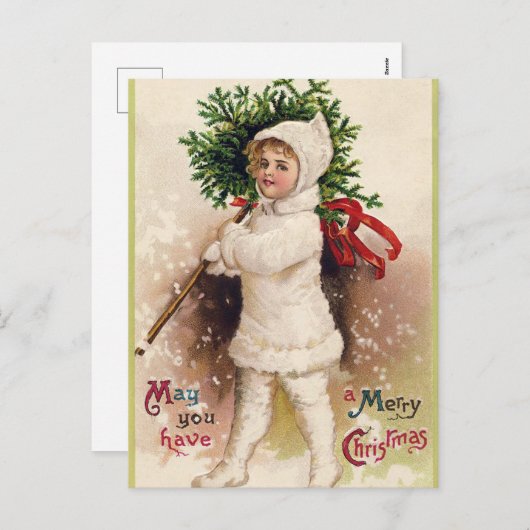ヴィンテージクリスマスホリデーチャイルドと木のはがき シーズンポストカード (正面/裏面)