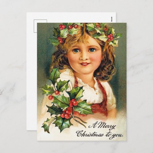 ヴィンテージクリスマスホリデーホリーガールポストカード シーズンポストカード (正面/裏面)
