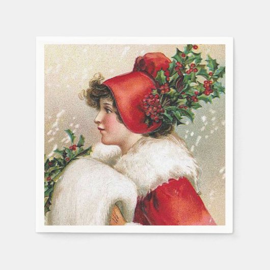 ヴィンテージクリスマスホリデーレディパーティーナプキン スタンダードカクテルナプキン (正面)