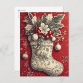 ヴィンテージクリスマスホリーストッキングホリデーポストカード シーズンポストカード (正面/裏面)