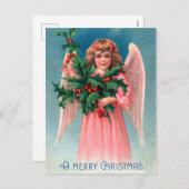 ヴィンテージクリスマスホリーピンクエンジェル葉書 シーズンポストカード (正面/裏面)
