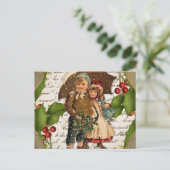 ヴィンテージクリスマスホリーベリーと子供 シーズンポストカード (スタンド正面)