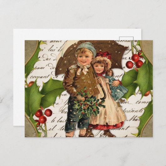 ヴィンテージクリスマスホリーベリーと子供 シーズンポストカード (正面/裏面)