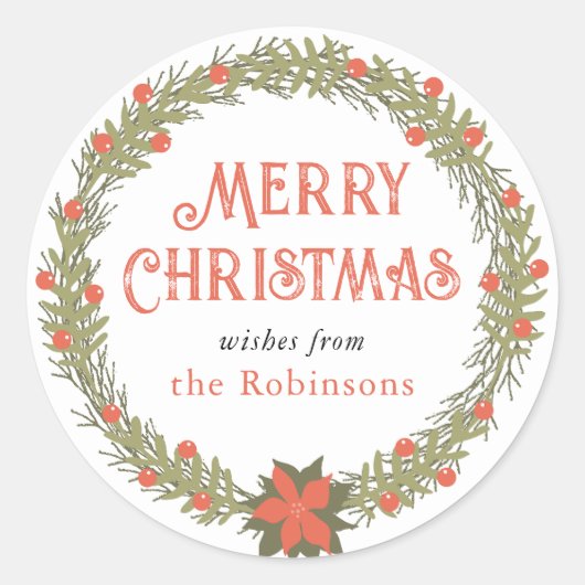 ヴィンテージクリスマスホリーベリーのリースステッカー ラウンドシール (正面)