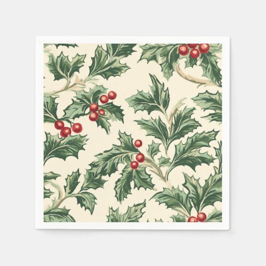 ヴィンテージクリスマスホリーベリーパターンデカップージ スタンダードカクテルナプキン (正面)