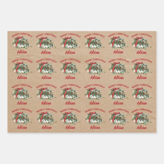 ヴィンテージクリスマスホリーベリー名前をカスタムするクラフト ラッピングペーパーシート (正面3)
