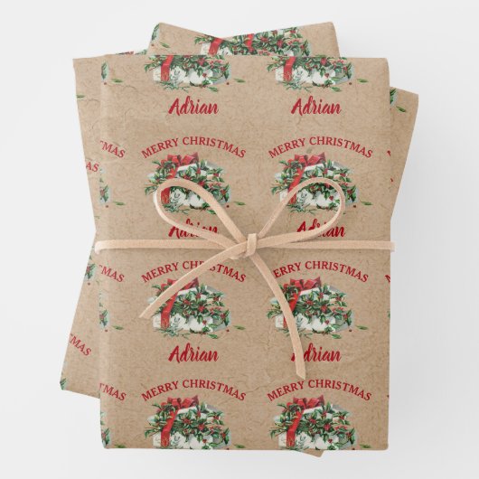 ヴィンテージクリスマスホリーベリー名前をカスタムするクラフト ラッピングペーパーシート (インサイチュ)