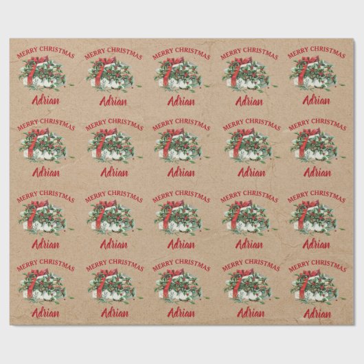 ヴィンテージクリスマスホリーベリー名前をカスタムするクラフト ラッピングペーパー (フラット)