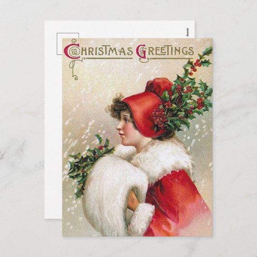 ヴィンテージクリスマスホリーレディーポストカード シーズンポストカード (正面/裏面)
