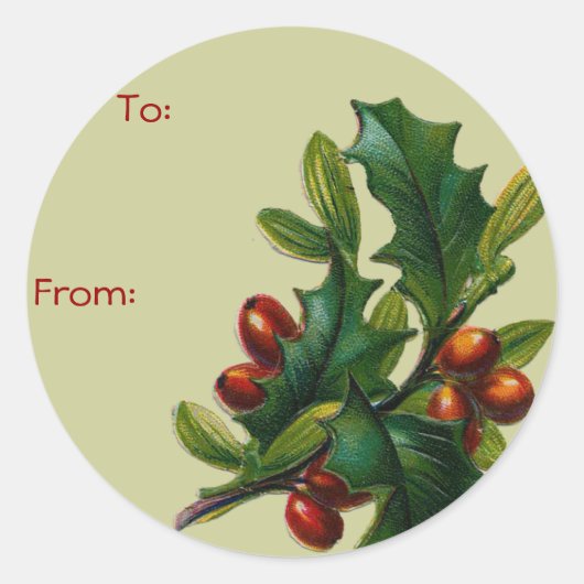 ヴィンテージクリスマスホリー名タグ ラウンドシール (正面)