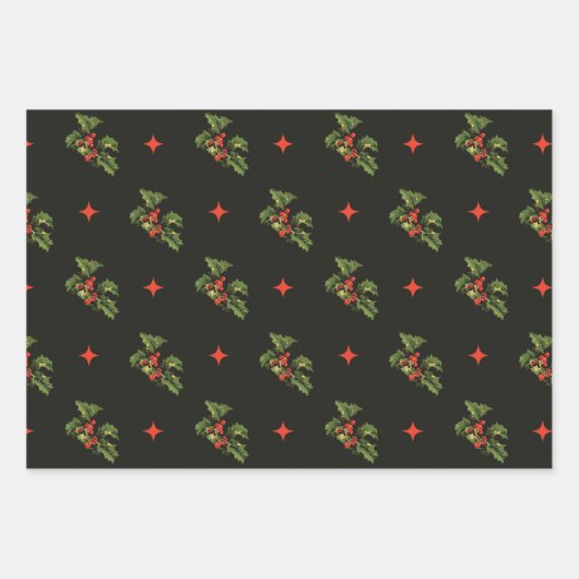 ヴィンテージクリスマスホリー葉ズとスターパターン ラッピングペーパーシート (正面2)