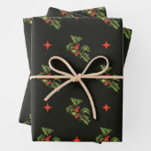 ヴィンテージクリスマスホリー葉ズとスターパターン ラッピングペーパーシート (インサイチュ)
