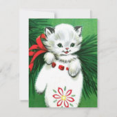 ヴィンテージクリスマスホワイトキャットミッテンホリデーカード シーズンカード (正面)
