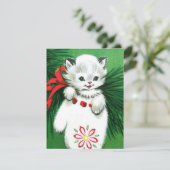 ヴィンテージクリスマスホワイトキャットミッテンホリデーカード シーズンカード (スタンド正面)