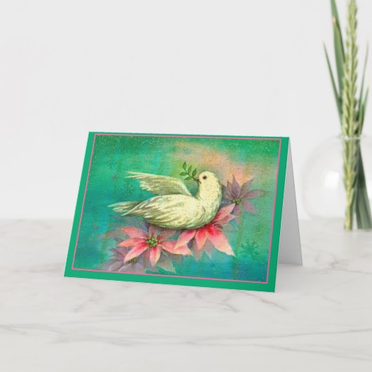 ヴィンテージクリスマスホワイトドーブピンクポインセチア シーズンカード (正面)