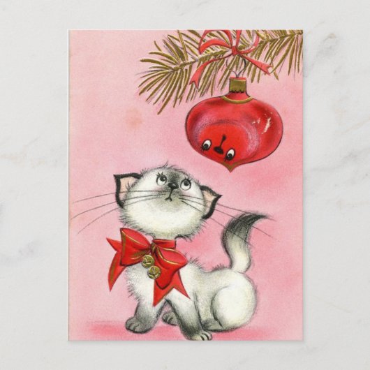 ヴィンテージクリスマスホワイト子猫 シーズンポストカード (正面)