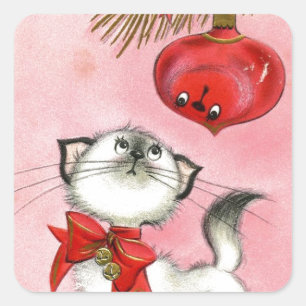 ヴィンテージクリスマスホワイト子猫 スクエアシール