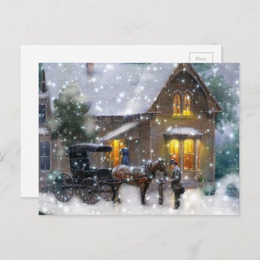 ヴィンテージクリスマスホースキャリッジ冬のシーン シーズンポストカード (正面/裏面)