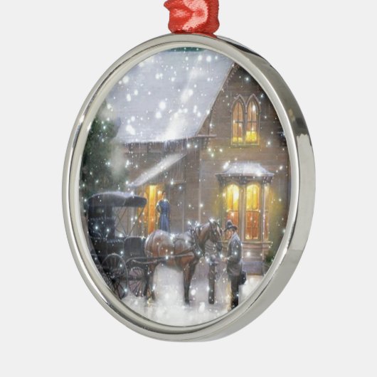 ヴィンテージクリスマスホースキャリッジ冬のシーン メタルオーナメント (左)